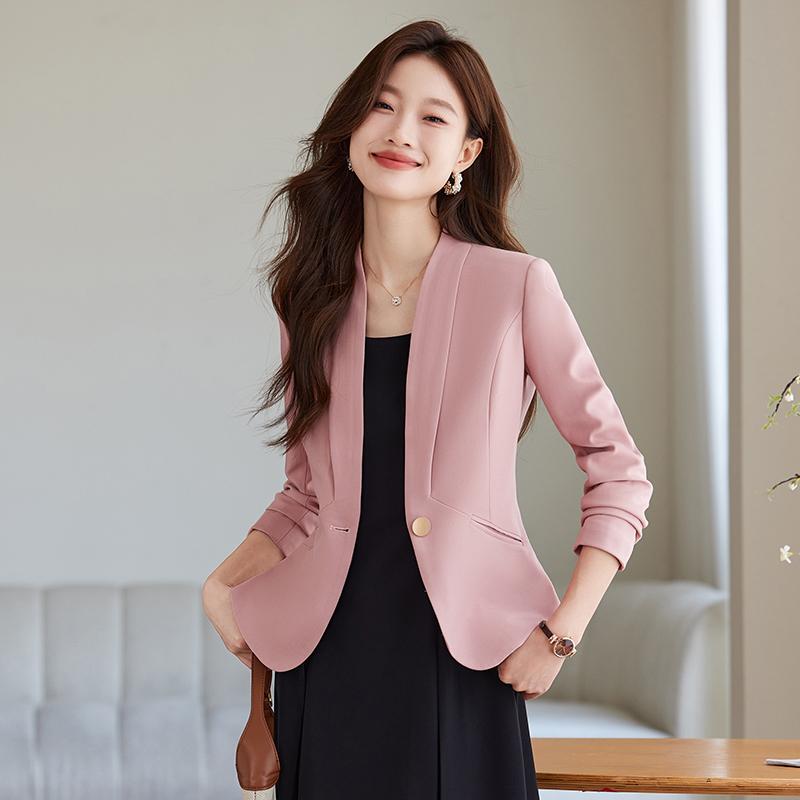 Short Collarless Blazer for Women, New Spring and Autumn Style, High-End, Elegant, Slim-Fit, Pink Casual Suit Jacket for Ladies