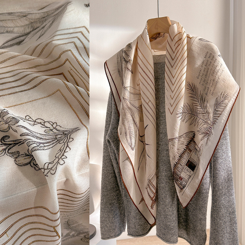 Palm Tree Water-Soluble Wool Double-Sided Two-Color Printed Large Square Scarf, New Style, Versatile Silk Wool Shawl, Beige Scarf Palm Tree Water-Soluble Wool Double-Sided Two-Color Printed Large Square Scarf, New Style, Versatile Silk Wool Shawl, Beige Scarf