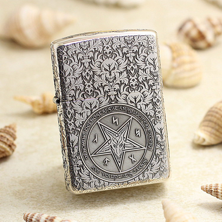 Special Cabinet Genuine Zippo Lighter 15 pure silver finely carved with a deep picture Satan's skull skull