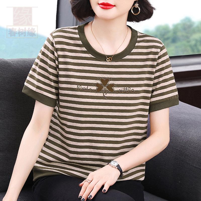 Short-Sleeved Striped T-Shirt for Women, Thin Summer Style 2026, New Summer Model with Rhinestones, Loose Fit, Versatile Top for Middle-Aged and Elderly Mothers, Cotton Short-Sleeved Striped T-Shirt for Women, Thin Summer Style 2026, New Summer Model with Rhinestones, Loose Fit, Versatile Top for Middle-Aged and Elderly Mothers, Cotton
