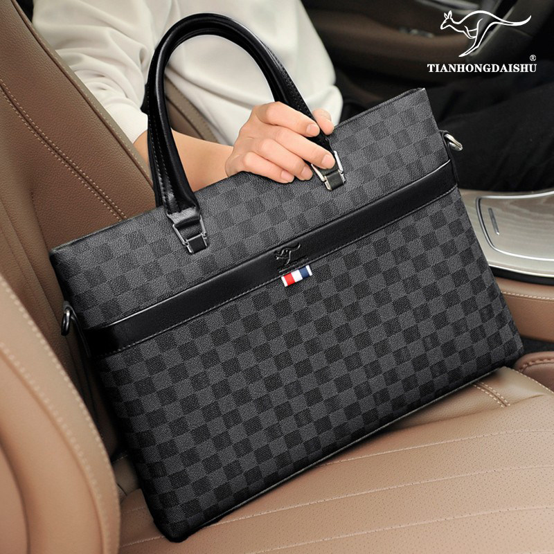 Handsome kangaroo men's briefcase leather business handbag luxury brand checkerboard pattern commuter shoulder messenger bag