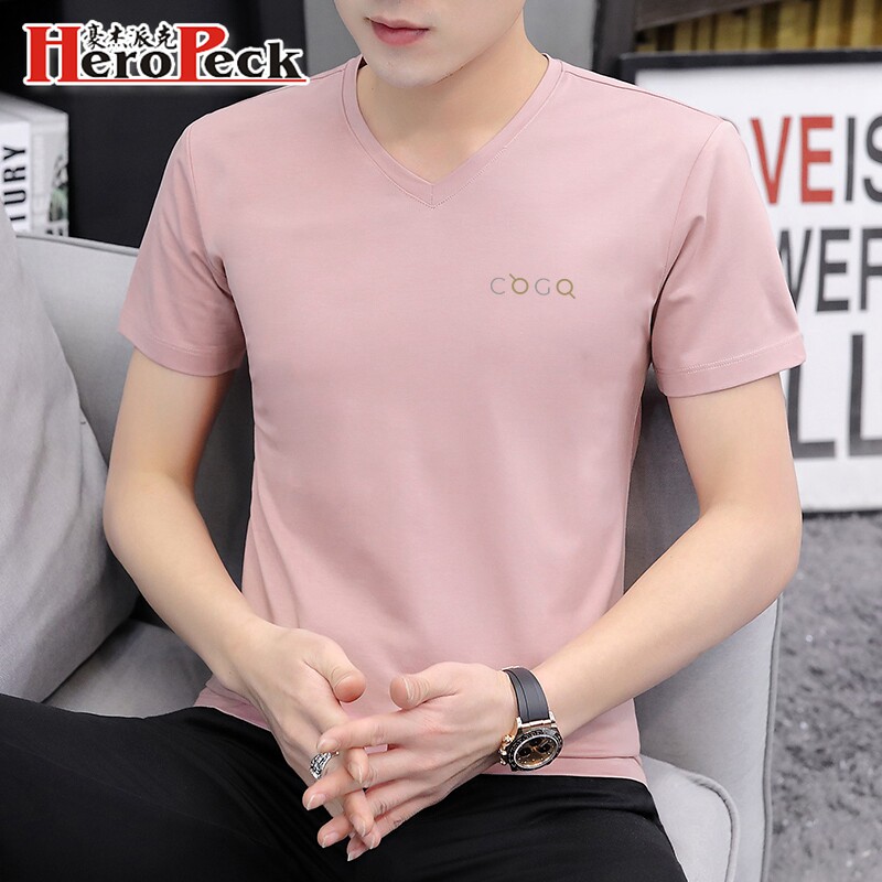 Modale short sleeve T-shirt men's clothing V neckline trendy clothes printed summertime undershirt ice-jersey half-sleeve summer