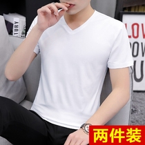 Cotton Ice Silk mens short sleeve T-shirt spring and summer clothing mens clothing white solid color Tide brand base shirt body shirt V collar