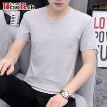 2020 Summer new mens V collar short sleeve T-shirt summer cotton print trend half sleeve simple casual fashion