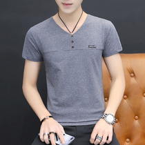 Summer Korean version of small shirt V collar short sleeve T-shirt mens summer dress slim cotton body mens fashion trend