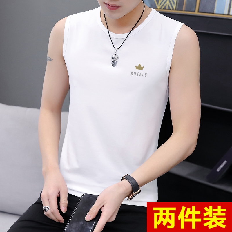 Sleeveless T-shirt male Korean version pure cotton sashimi round collar printed vest Summer men's clothing white sweatshirt trending undershirt