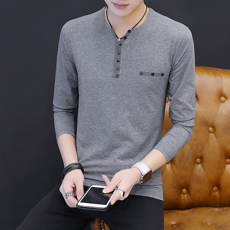 Men's T-shirt Long sleeves Fall trendy Korean version V neckline Tide Card Spring Loaded Clothing Little Shirt T body hitch in body