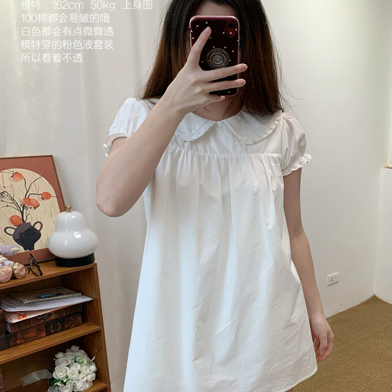 Ohmi Home Puff Sleeve Cute Sweet White Dress Cotton Doll Collar Daily Wear