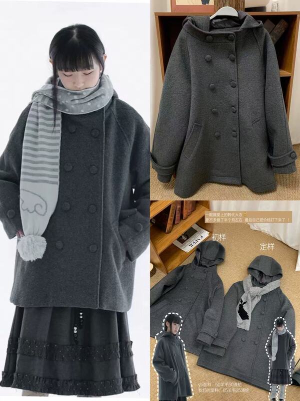 Ohmi Home·【Double-Breasted Japanese-Style Hooded Wool Coat】Mid-Length Woolen Button-Up Jacket for Winter Ohmi Home·【Double-Breasted Japanese-Style Hooded Wool Coat】Mid-Length Woolen Button-Up Jacket for Winter