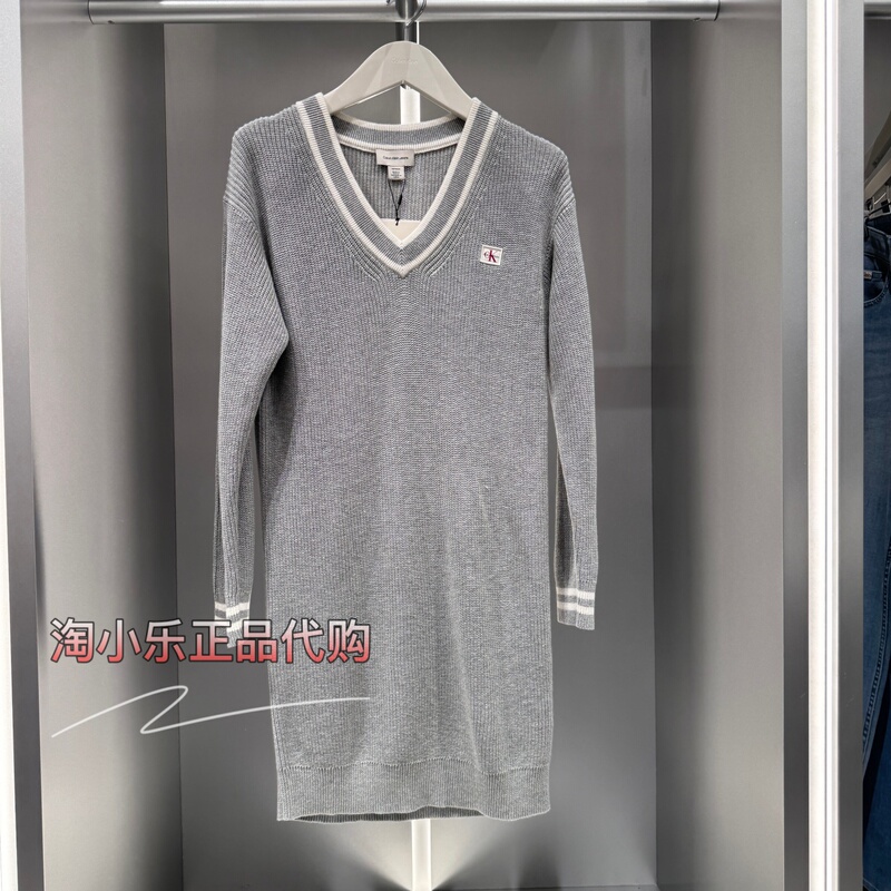 Ck Jeans 26 Early Autumn Women's Color-Blocked V-Neck Pure Cotton Trendy Letter Embroidered Logo Knitted Dress 47H369G