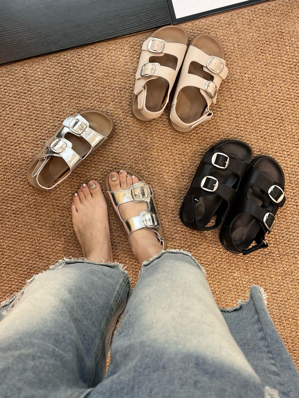 2026 New Style First Layer Cowhide Retro One-Strap Sandals for Women, Fashionable and Versatile Breathable Flat Slippers for Outdoor Wear
