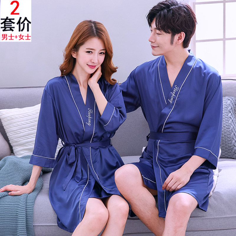 Couple pajamas autumn Korean version cute spring autumn summer nightdress sexy men's and women's thin ice silk nightgown bathrobe