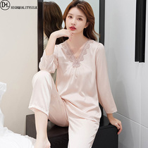 Ice silk sleepwear woman long sleeve thin section cute sleeve head spring autumn real silk Summer sexy private room Two sets of home clothes