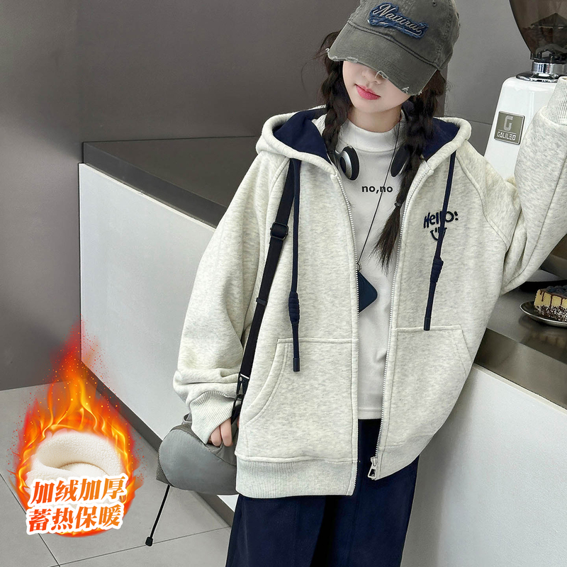 Girls' Autumn Hooded Jacket 2026 New Style for Older Girls, Autumn and Winter Zipper Jacket, Loose Casual Baseball Jacket for Girls