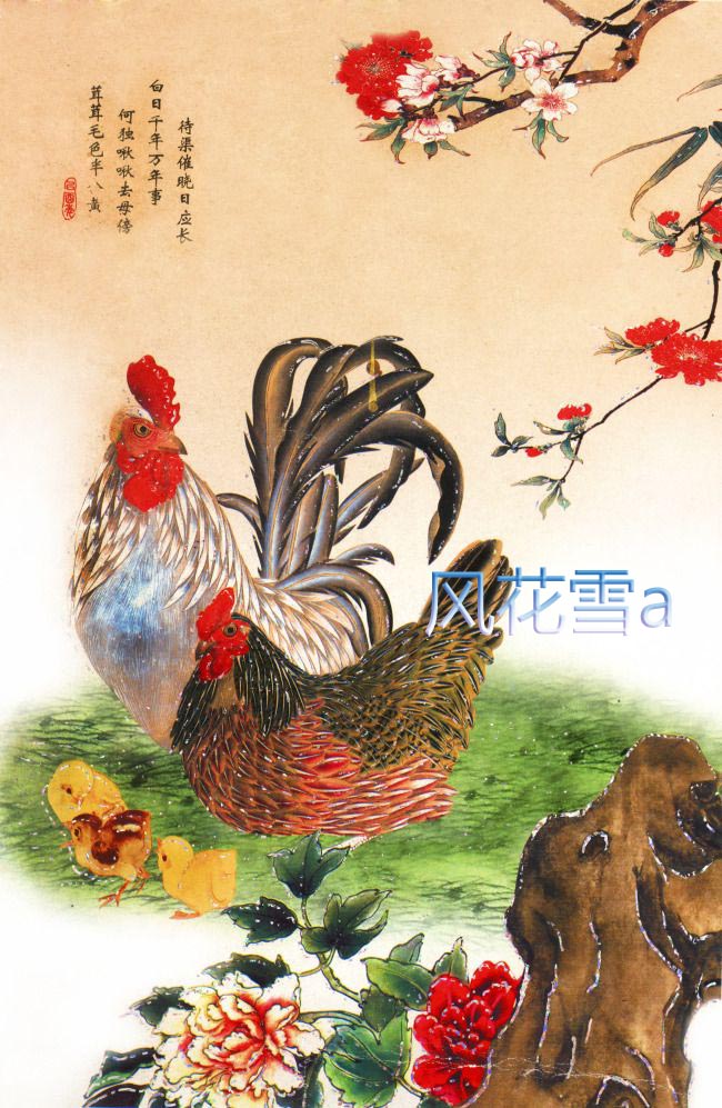 Super clear color cross stitch redrawing drawing drawing source file famous painting cock hen and chick