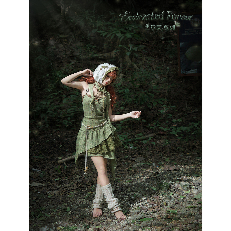 Charcoal Silph. Elf-Style Forest-Themed Bohemian Slim-Fit Patchwork Halter Neck Slip Dress