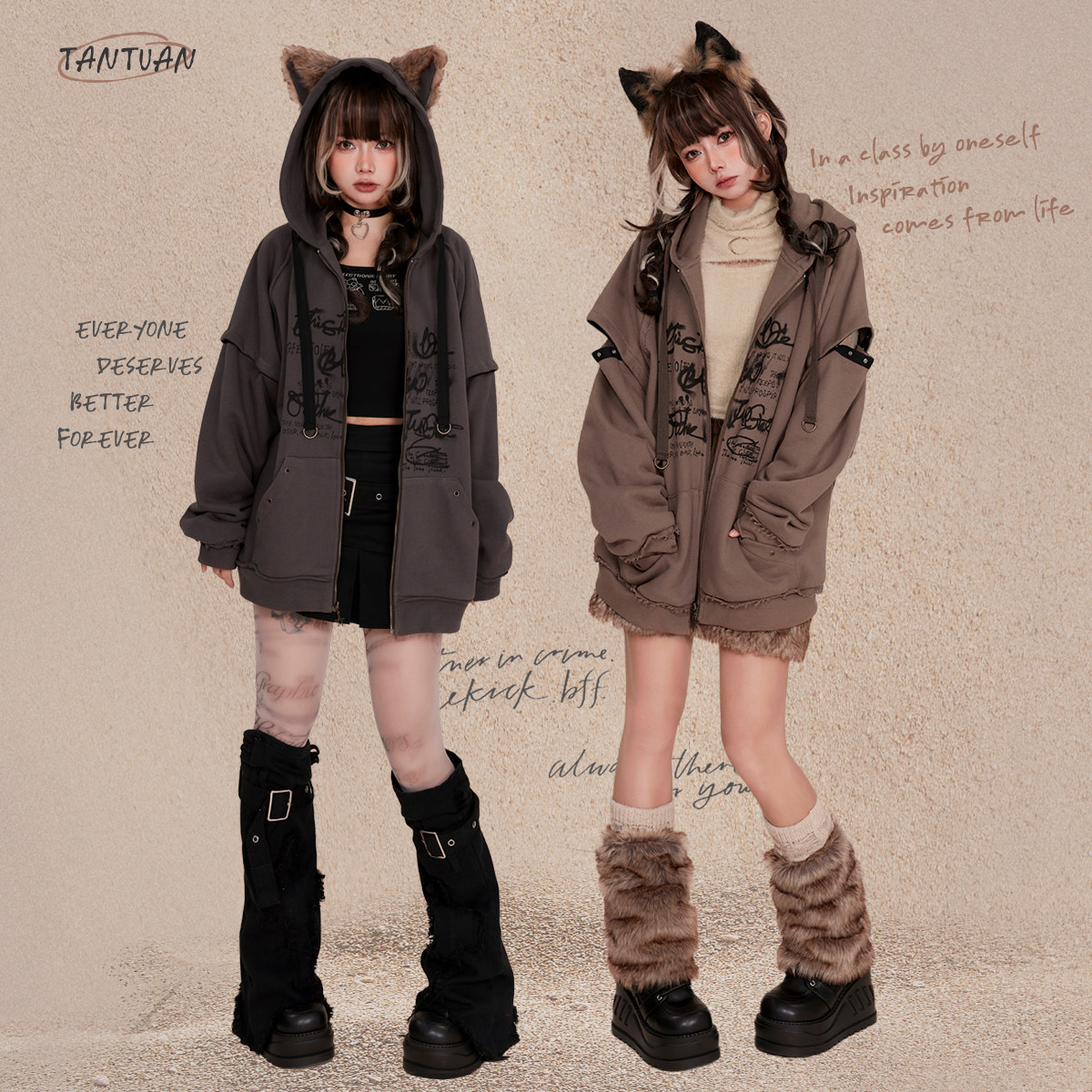 Charcoal Regiment Wolverine Superlassy Plush Wolf ear Graffiti printing loose with cap Thickened Necroe Coat Lovers-Taobao