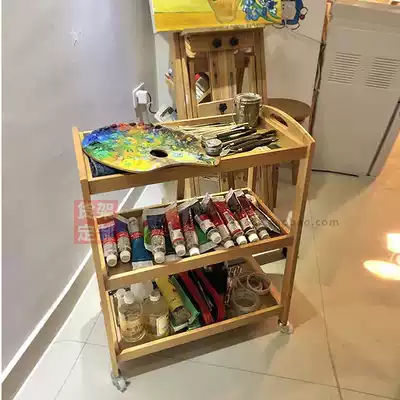 Solid wood oil painting tool cart three-layer belt brake art Workbench studio painting table paint storage shelf
