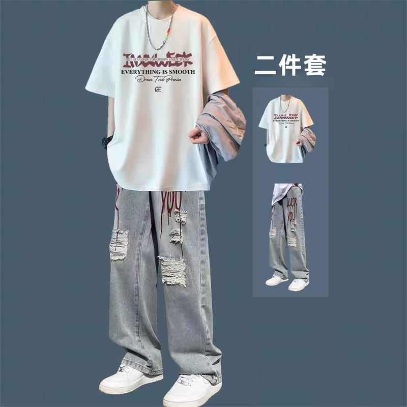 High Street Style Short-Sleeved Casual Suit for Men, Summer Youth Student Trendy Two-Piece Set with Ripped Denim Pants High Street Style Short-Sleeved Casual Suit for Men, Summer Youth Student Trendy Two-Piece Set with Ripped Denim Pants