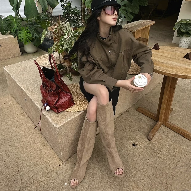 European and American New Style Suede Peep-Toe Wedge Boots for Women 2026 Autumn New Sexy Over-The-Knee Runway Fashion Boots