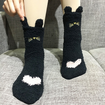 Douyin same home sleeping socks female super fire cute with ears coral velvet socks plus velvet thick floor socks