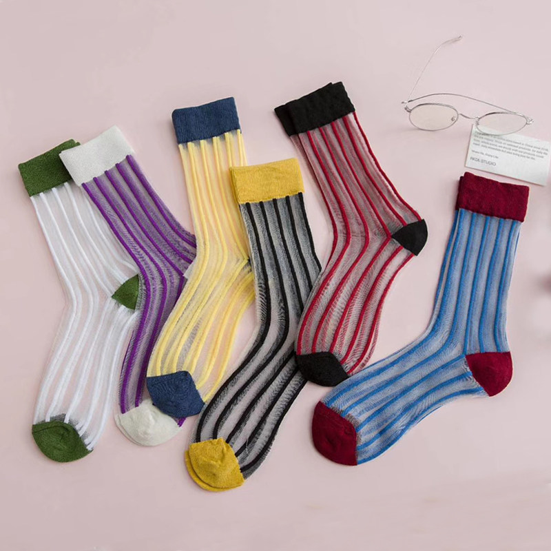Spring and summer Korean version of all-match crystal stockings socks thin section transparent mesh vertical stripes colored glass silk socks
