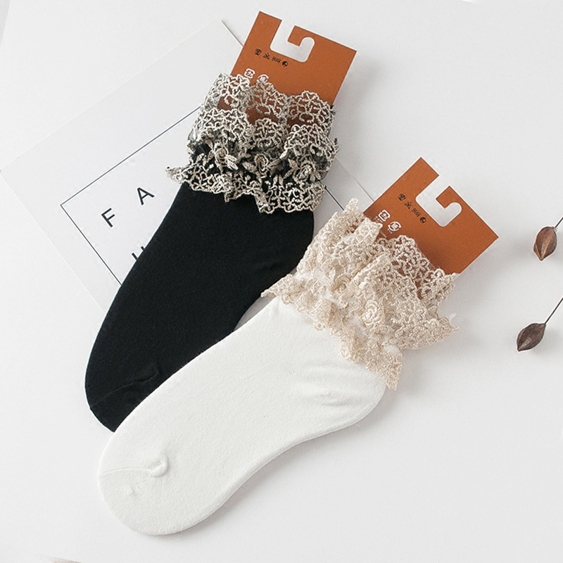 Double-Layered Gold Lace Socks, Spring and Autumn Japanese Style Lace Pure Cotton Princess Socks, Women's School Style Short Socks, Soft Girl Socks, Boot Socks
