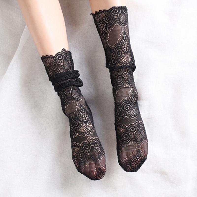 Korean Lace Socks Women Japanese Mori Women Lace Socks Retro Wild Korean Version Black Mesh Hollow Socks Tide