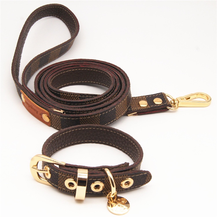 Suitable for Lv's New High-End Monogram Leather Pet Collar, Checkerboard Pattern Dog Collar, Leash Set, Pet Supplies Suitable for Lv's New High-End Monogram Leather Pet Collar, Checkerboard Pattern Dog Collar, Leash Set, Pet Supplies
