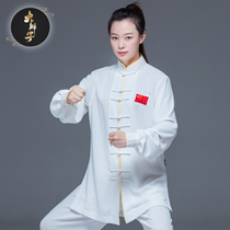  Flag embroidery 2021 new medium and long tai chi suit female elastic cotton and hemp martial arts performance competition suit male elegant