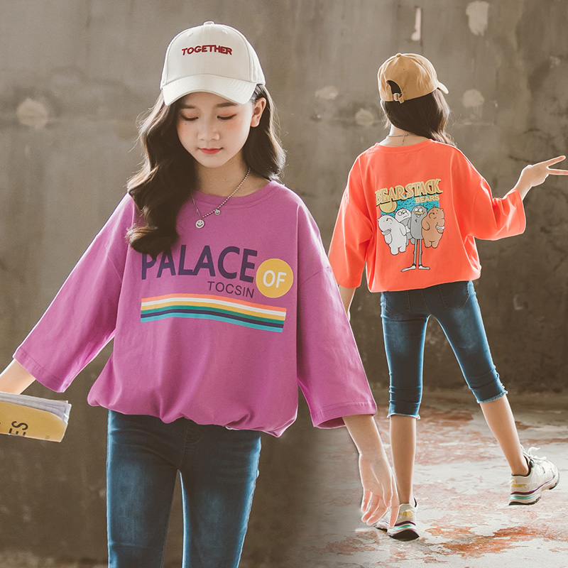 Super Western-style net red girls loose T-shirt 2022 spring and summer Korean version three-quarter sleeves big children's fashionable tops tide t