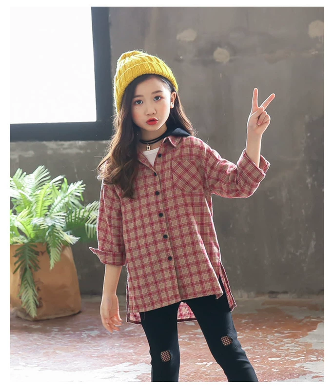 Áo sơ mi kẻ sọc nữ 2018 Thu mới Hàn Quốc Đại dương Trẻ em Mặc áo sơ mi dài tay Big Boy Hoodie Top thời trang cho bé