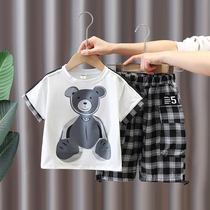 South Korea boys suit 2021 summer new Korean version of children bear short sleeve foreign style plaid pants two-piece tide