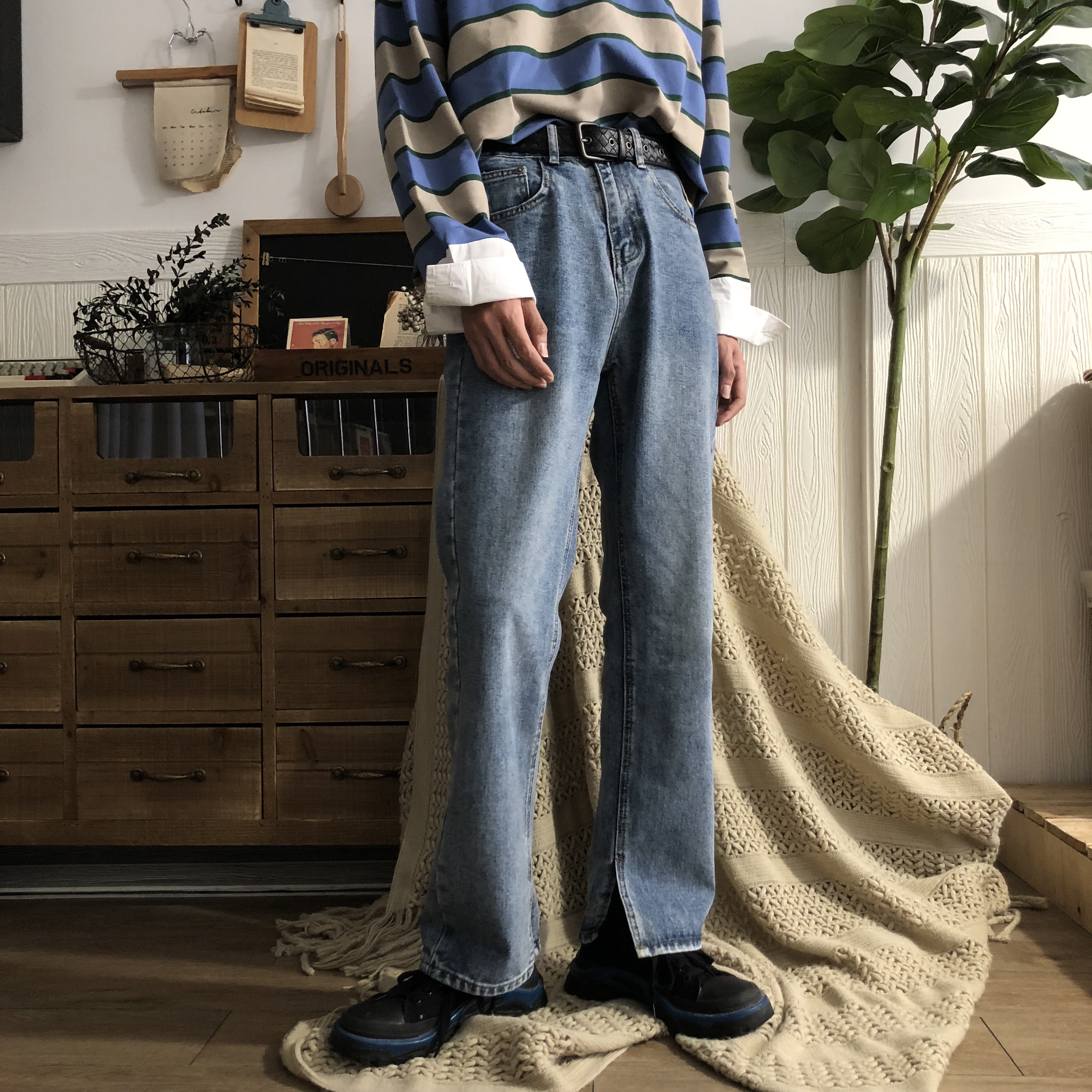 YGhome20 spring and summer foot opening straight loose jeans men's Korean version slimming washed all-match wide-leg pants