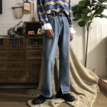 YGhome20 spring and summer foot mouth slit straight loose jeans mens Korean version slimming washed all-match wide-leg pants