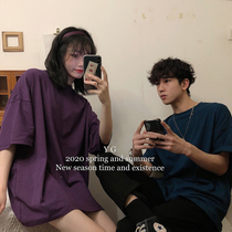 yghome Korean version of the simple round neck solid color short-sleeved t-shirt mens loose ins Hong Kong style all-match bottoming shirt top couple