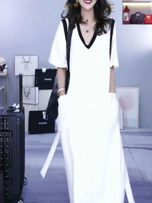 High-End V-Neck Color-Blocked Dress 2024 Summer New Korean Style Waist-Cinching Loose Slimming Versatile Chinese Style Long Dress
