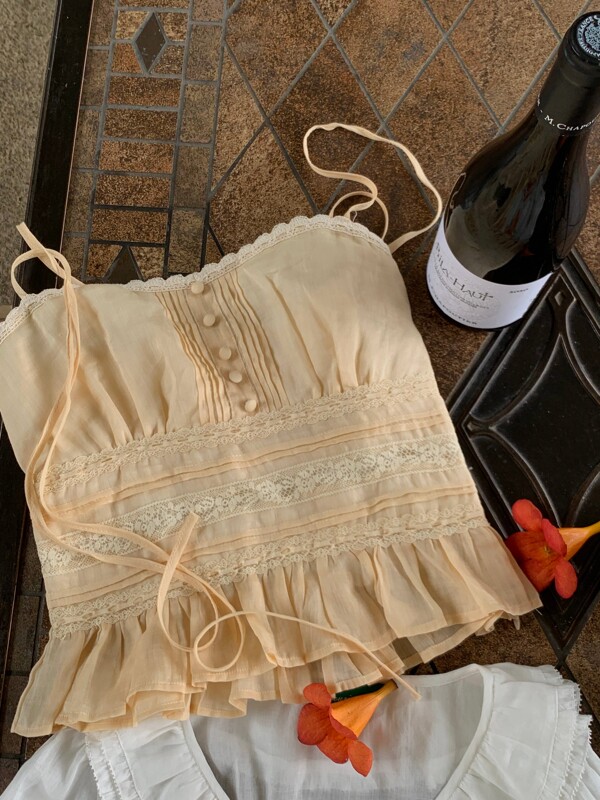 Waiting for the Return of the "Antique Clothing Romance" High-End Ramie Heavy Lace Splicing Classical Corset-Style Camisole