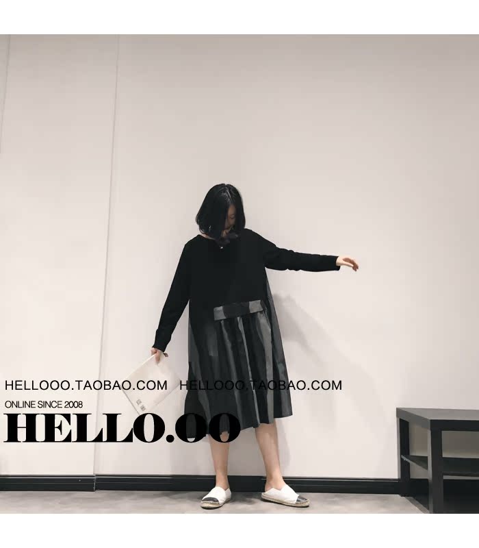 Hello.oo 2018 mùa thu mới phong cách châu Âu và Mỹ khâu sọc dọc mực thả lỏng váy dài tay nữ váy chữ a công sở