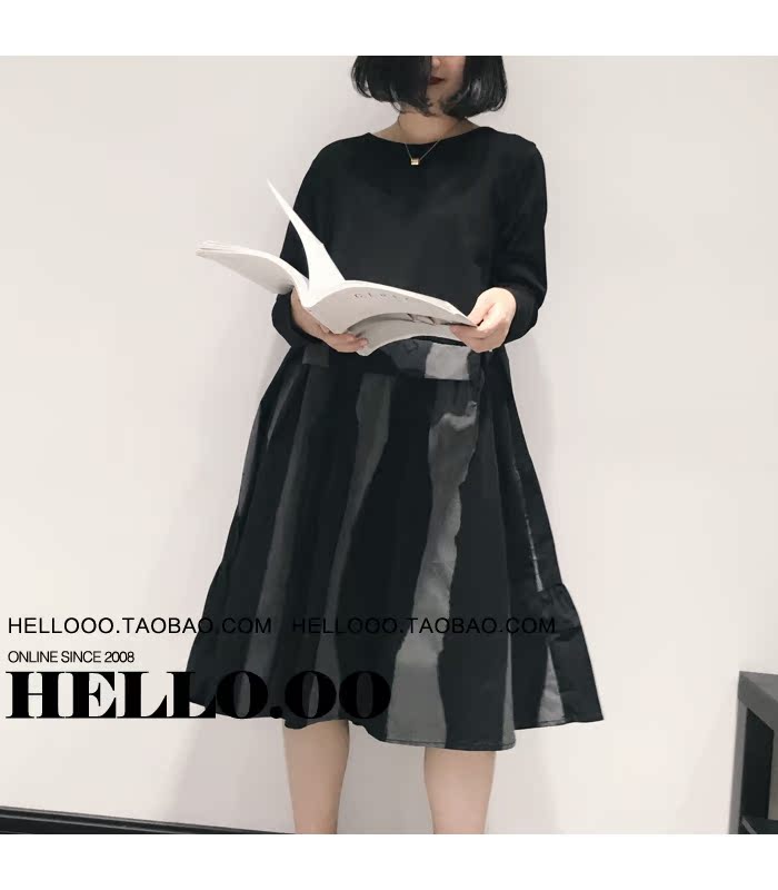 Hello.oo 2018 mùa thu mới phong cách châu Âu và Mỹ khâu sọc dọc mực thả lỏng váy dài tay nữ váy chữ a công sở