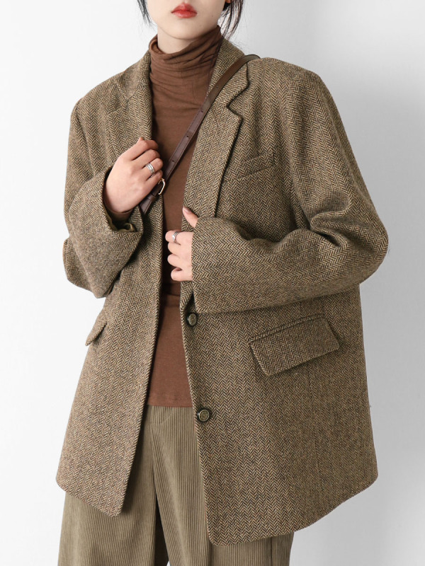 Chicclo Herringbone Woolen Blazer for Women, Spring Korean Style Wool Retro Mid-Length Suit Jacket