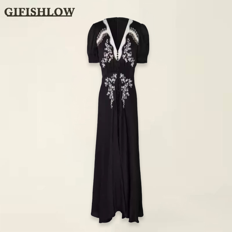 [Gifei Schro] Hong Kong Genuine Zhuzhu Same Style Black Deep V Neck Flower Embroidered Dress Dress for Women Summer