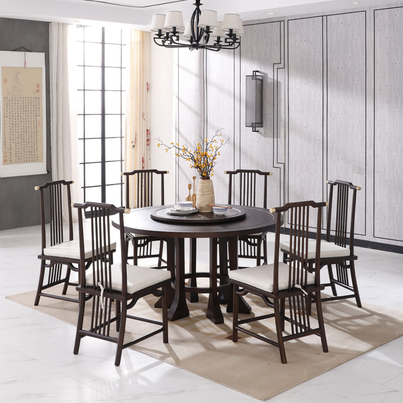 New Chinese-style solid wood dining table and chair combination modern minimalist Zen large round table home decoration dining room model room furniture customization