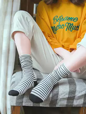 Bubble socks women's black and white striped socks women's mid-tube socks ins tide wild summer thin cotton stockings spring and autumn