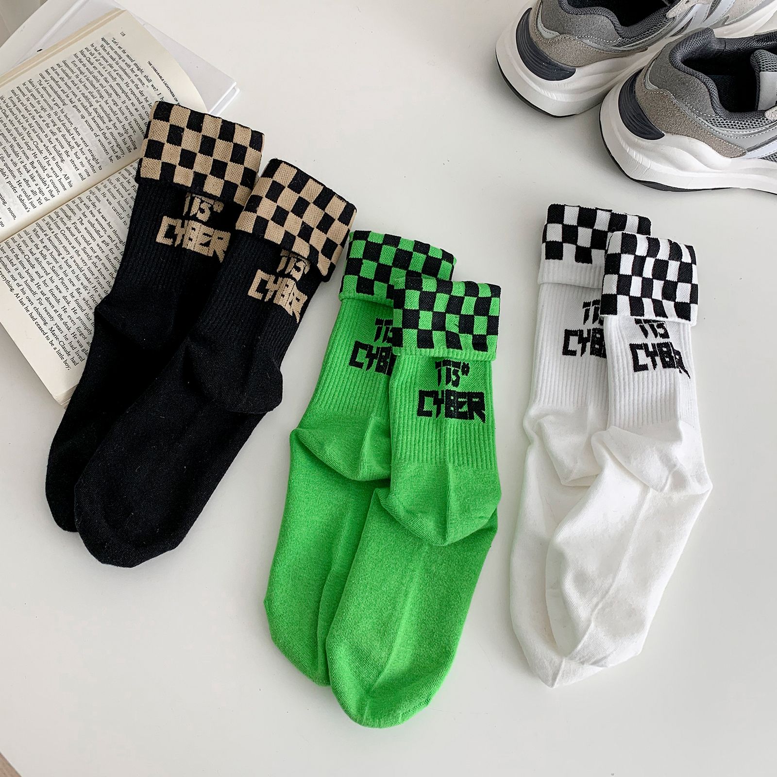 Letters Socks Female Midbarrel Socks Accessories Shark Pants Outside Wearing Summer Thin and Tide Green Chessboard pure cotton stockings