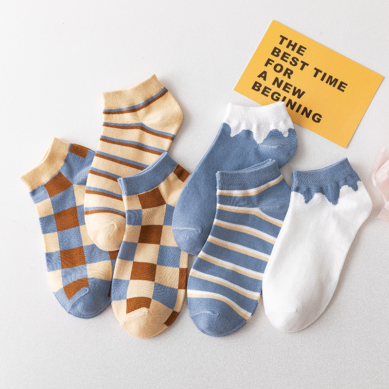 (3 pairs) Milk Versatile Striped Cotton Blue Plaid Comfortable Street Stall Female Summer