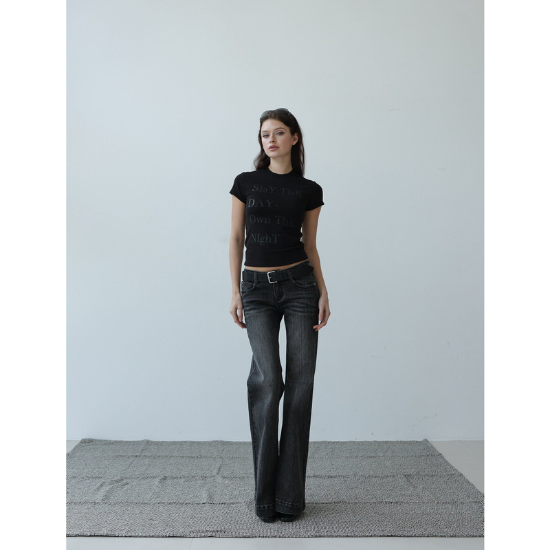 Fot2025 Spring/Summer Thick Vertical Bamboo Pattern Vintage Fabric Black Gray Low-Waist Flared Denim Washed Long Pants