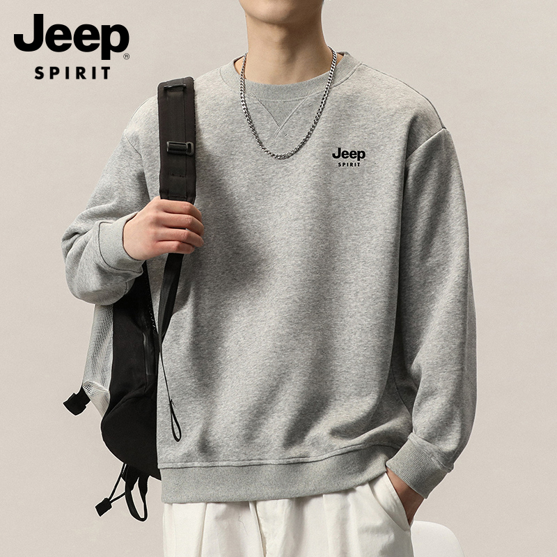 Jeep Spirit Spring Gray Crew Neck Sweatshirt Men's T-Shirt 2026 New Top Casual Loose Jacket Men