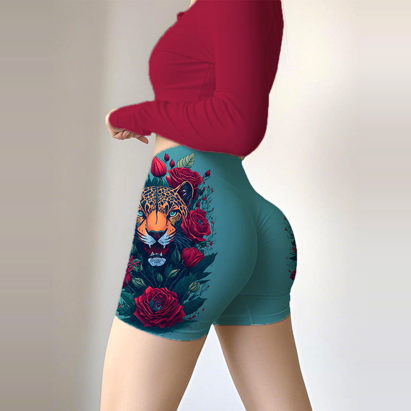 2026 New Women's High-Waisted Hot Fitness Training Shorts Three-Quarter Length Peach Lift Yoga Shorts with Print for Outerwear