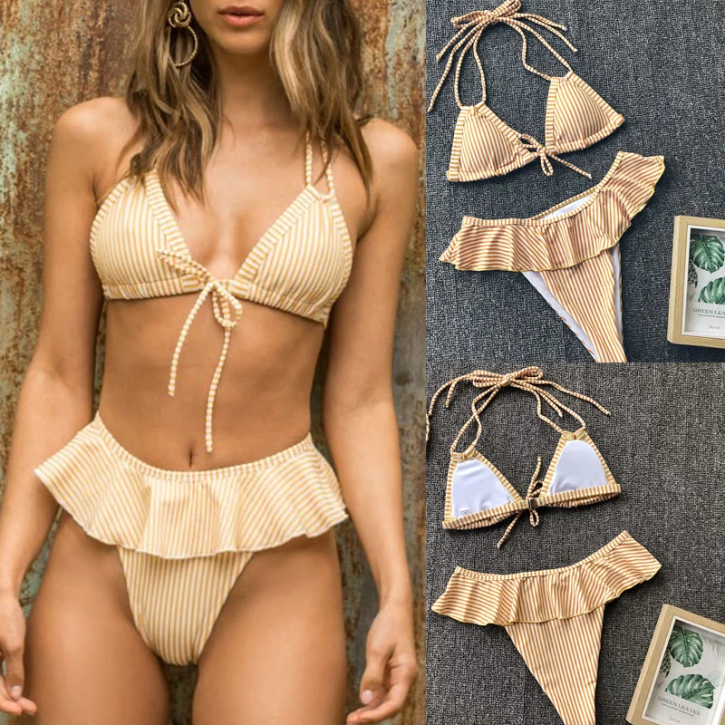 Thời trang Âu Mỹ mới 2019 Bộ bikini sọc vàng ngọt ngào và đơn giản với bộ bikini quần bơi cạp chun - Bikinis